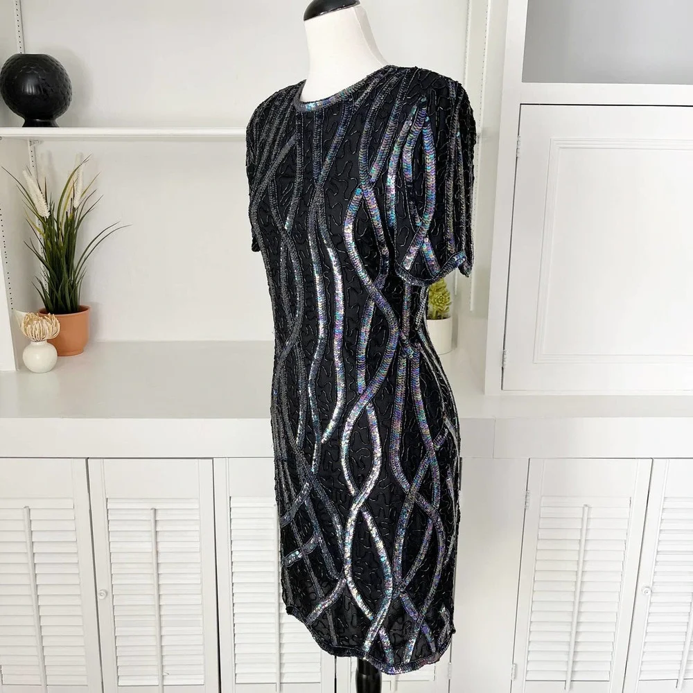 Vintage Laurence Kazar Women's Beaded Sequin Silk Dress Size 6/8 - Picture 2 of 8